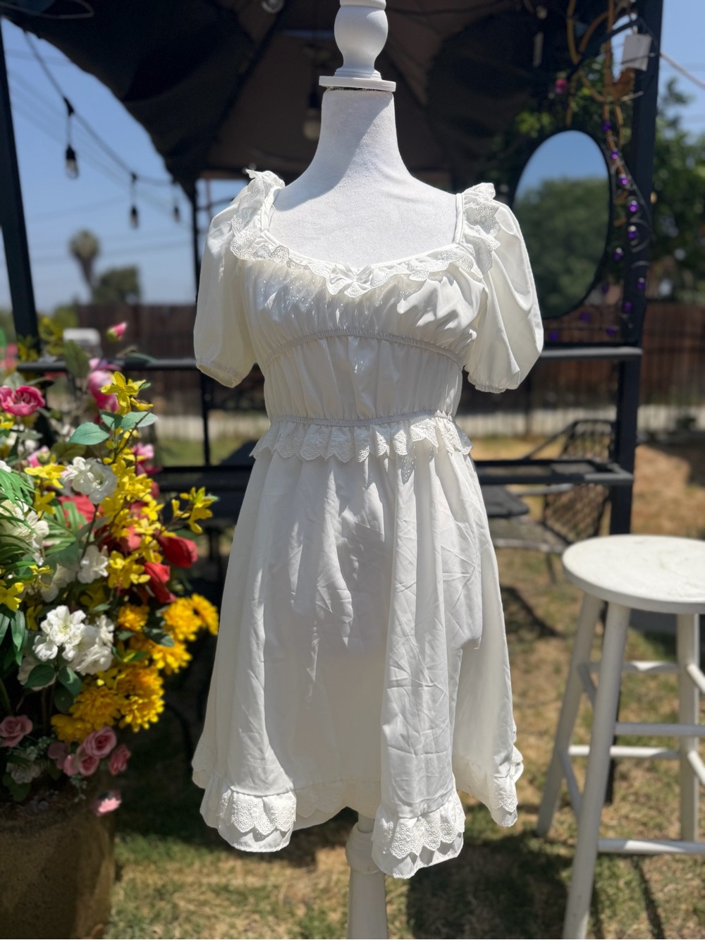 Othr White Lace-Trim Puff Sleeve Mini Dress